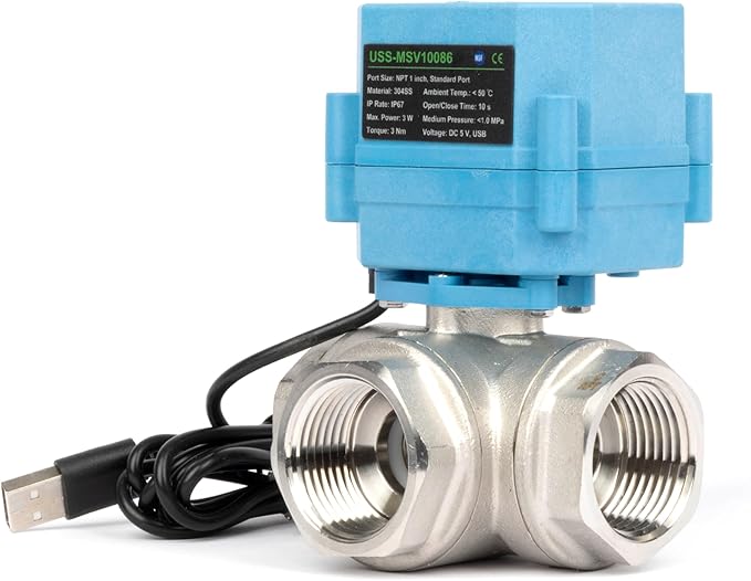 U.S. Solid WiFi Smart Motorized Ball Valve 1 inch NPT for Water Control & Irrigation, 3 Way 304SS Electric Valve, USB Plug, LED Indicator, Flow Direction Window, Remote On/Off Control, NSF Certified