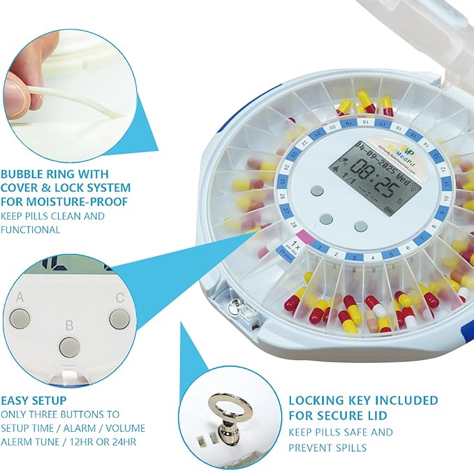 EziMedPil Smart WiFi Pill Dispenser w/Sound&Light Alerts,up to 9 Alarms/Daily,Easy Setup on WiFi Monitoring SmartLife App,28-Day Medication Organizer w/Lock Key for Prescriptions & Vitamins,Clear Lid