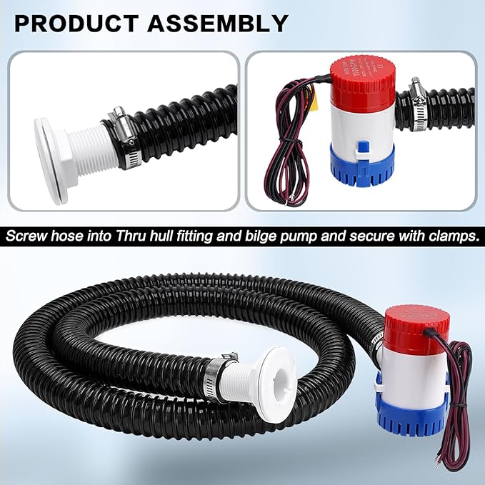 1100GPH 12V Boat Bilge Water Pump, 1-1/8" 6FT Kink-Resistant Bilge Pump Hose, ABS Thru-Hull Fitting, 2PCS Stainless Steel Clamps for Boat Marine