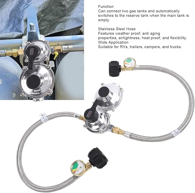 RV Gas Regulator, 2 Stage Auto Changeover LP Gas Regulator with Pressure Meter and 18in Hose, for RVs Trailers Trucks