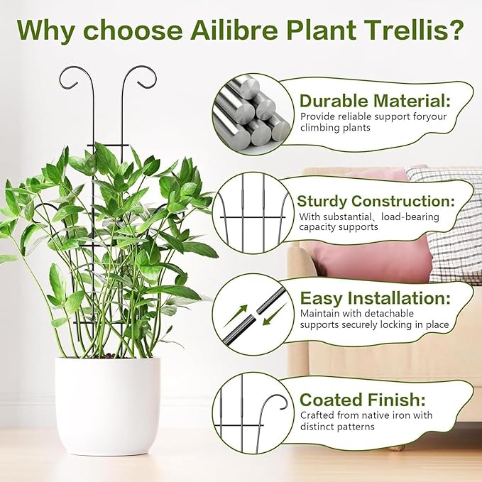 Plant Stakes - Adjustable Metal Trellis, Garden Plant Support, Vertical Stem Holder | Rust-Proof Monstera Ivy Cucumber Bean Flower Pot Trellis for Indoor Outdoor Planter Vegetable Fruit Gardening
