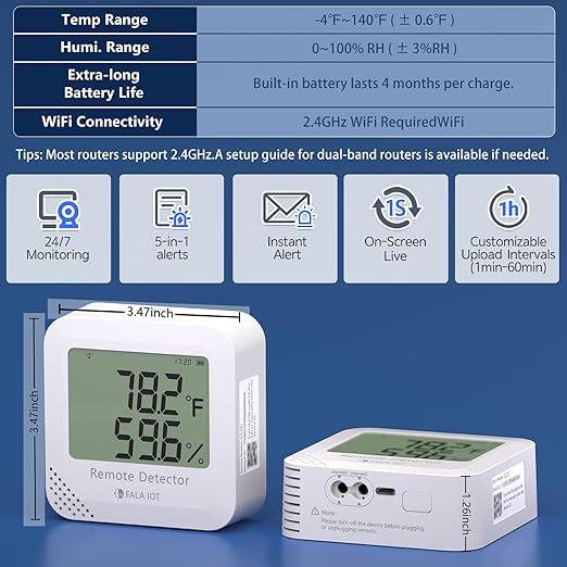 Remote WiFi Temperature & Humidity Sensor, No Subscription 24/7 Remote Temp Monitor with Email, Text Alerts, Sound & Light Alarm, Idea for RV, Pet, Greenhouse, Farm, Freezer, Server Room