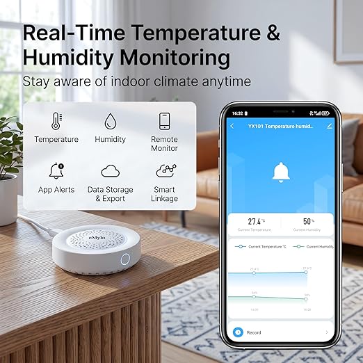 eMylo WiFi Temperature Humidity Sensor with 100dB Siren Alarm, Smart Indoor Thermometer Hygrometer, App Remote Monitoring & Real-Time Alerts for Home, Baby Room, Greenhouse, Wine Cellar