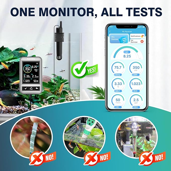 kactoily Long-Range WiFi Aquarium Water Quality Monitor – 7 Parameter Digital Aquarium Water Tester for pH ORP EC TDS Salinity SG Temp, Freshwater & Saltwater Tanks