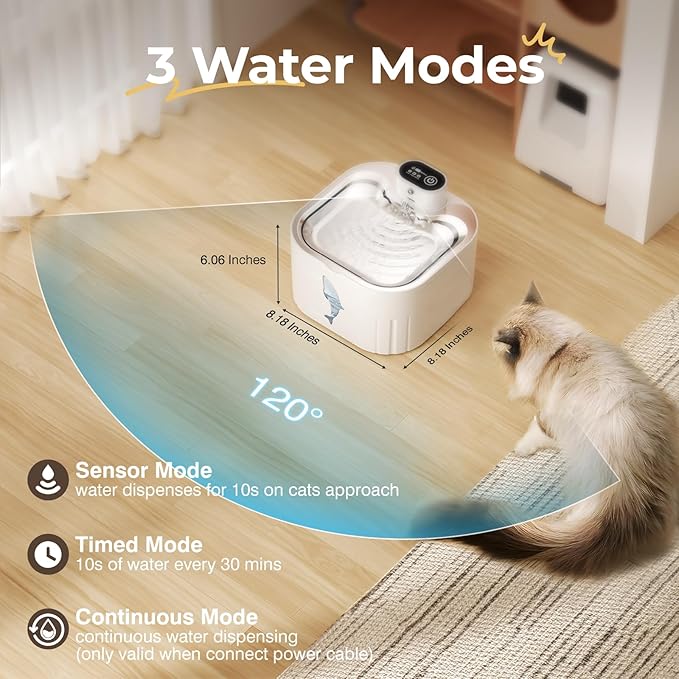 Battery Operated Cat Water Fountain 3L Water Fountains for Cats Indoor with Stainless Steel Tray Ultra-Silent Automatic Water Dispenser for Pet Easy Clean Wireless Cat Fountains for Drinking