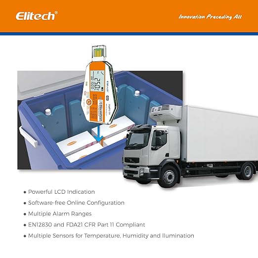 Elitech WHO PQS Certificated 10 Pack 120 Days Temperature Humidity Data Logger with Light Sensor Single-Use Cold Chain Monitor (CCM) Temperature Recorder with PDF Report 16000 Points LogEt1-TH