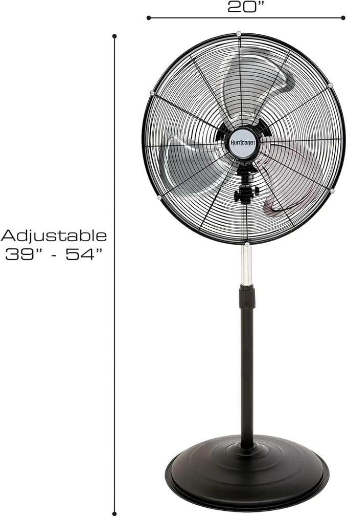 Hurricane Pro High-Velocity Oscillating Metal Stand Fan w/ 3-Speed Setting, 20" - Heavy-Duty Cooling Pedestal Unit w/ 4500 CFM, Adjustable Tilt & Height for Home, Garage, Gym & Workshop