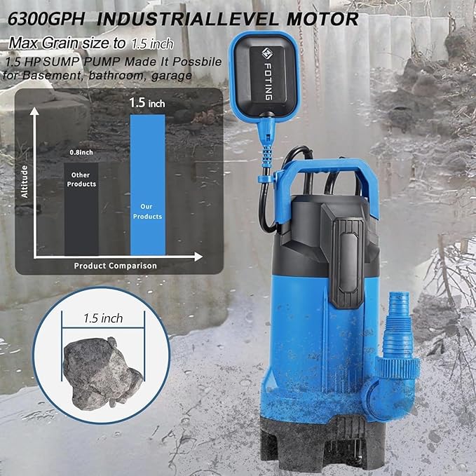 FOTING 1.5HP Sump Pump, 6300GPH High Flow Clean&Dirty Submersible Water Pump with Float Switch, Thermoplastic Electric Portable Utility Pump for Pool Draining Hot Tub Garden Basement