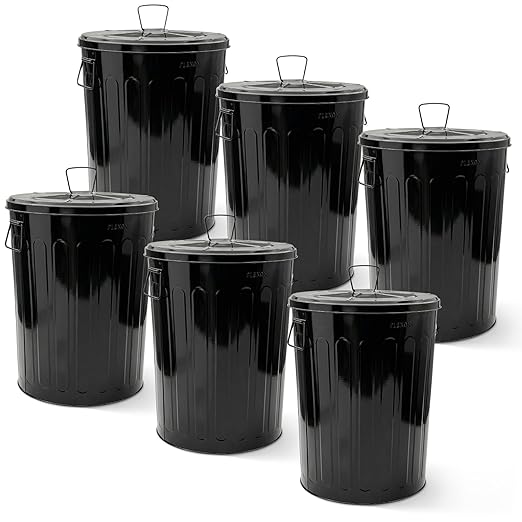 Plexon 20 Gallon Metal Trash Can with Lid Outdoor Large Trash Bin Steel Garbage Can for Garage Patio Farmhouse Bucket Bird Seed Storage Can Heavy Duty Round Container, Black 6 Pack