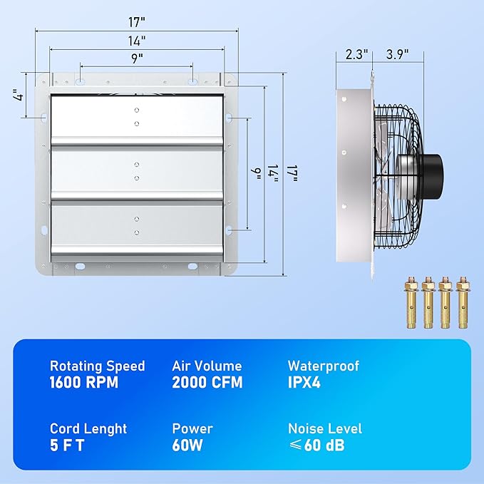 14 Inch Shutter Exhaust Fan, High-Speed 2000CFM Low Noise Attic Fan, Automatic Shutter, Ventilation and Cooling Vent Fan for Greenhouses, Garages, Shop, Chicken Coops, Gable, Shed