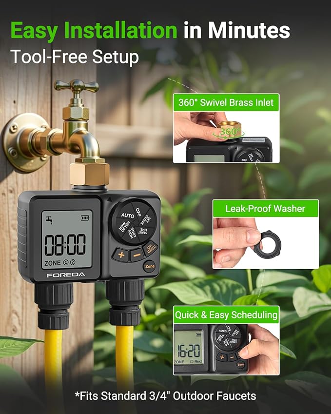 2 Outlet Water Timer for Garden Hose, Programmable Hose Timer for Watering with Brass Inlet, USB-C Sprinkler Timers, IPX6, Rain Delay/Manual/Auto Modes for Lawn, Yard, Farm, Pool