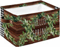 Farmhouse Green Garland Storage Bins Cubes Waterproof Cloth Storage Basket,Spring Black Plaid Wood Grain Foldable Storage Bags for Shelf Clothes Storages Organizers with Handles 15x11x9.5 in 1PCS