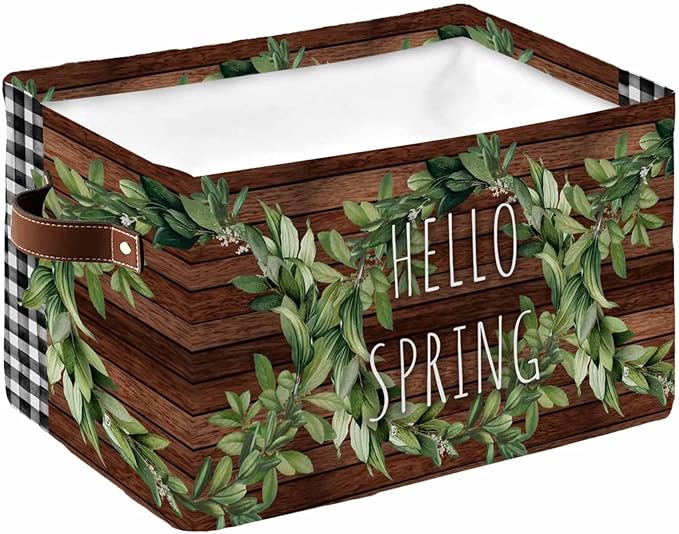 Farmhouse Green Garland Storage Bins Cubes Waterproof Cloth Storage Basket,Spring Black Plaid Wood Grain Foldable Storage Bags for Shelf Clothes Storages Organizers with Handles 15x11x9.5 in 1PCS