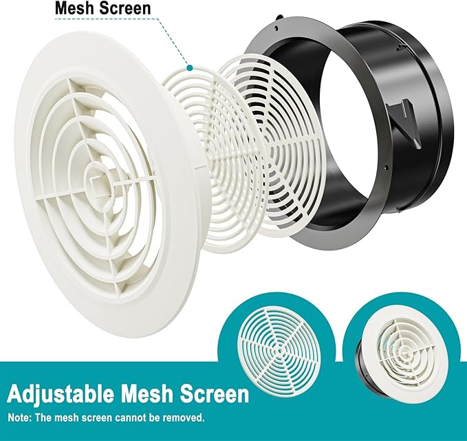 HG POWER 6 Inch Soffit Vent，Round Air Vent Cover with Louver, ABS Adjustable Ceiling Vent Covers for Living Room, Bathroom, Kitchen, Greenhouse, Ventilation System, White - Opening Size 5.75"