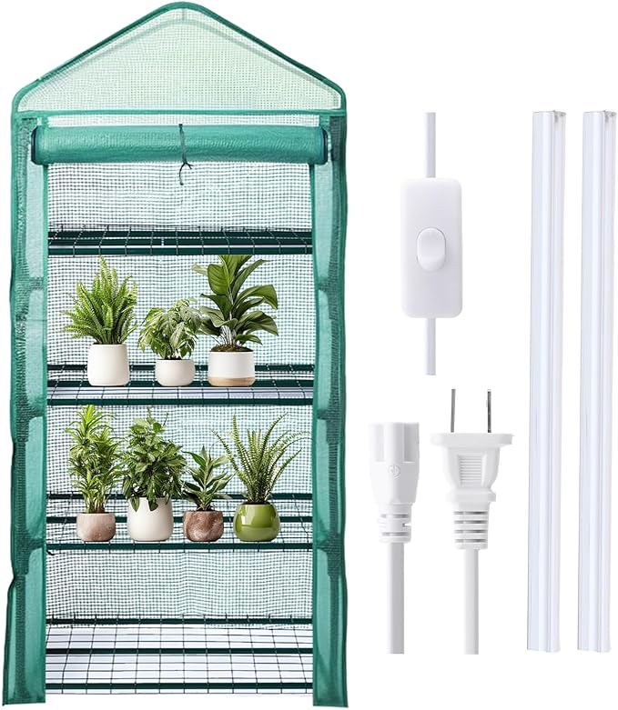 Baquler 4 Tier Mini Greenhouse Indoor Outdoor with 2 Grow Lights , 62'' H x 27'' L x 19'' W PE Cover Portable Winter Vented Greenhouse with Roll up Zipper Door Gardening Stand for Plant Seed Starting