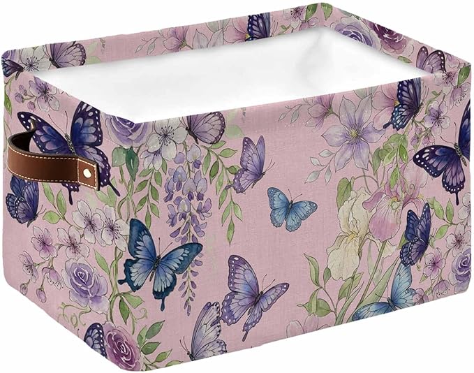 Pink Flowers Storage Bins Cubes Waterproof Cloth Storage Basket,Spring Floral Purple Butterflies Farmhouse Foldable Storage Bags for Shelf Clothes Storages Organizers with Handles 15x11x9.5 in 1PCS