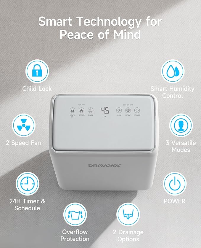2000 Sq. Ft Dehumidifier for Basement, 30 Pint Dehumidifiers for Home, Bedroom and Bathroom, 3 Modes Dehumidifier with Drain Hose, Smart Humidity Control, 24H Timer, Child Lock (White)