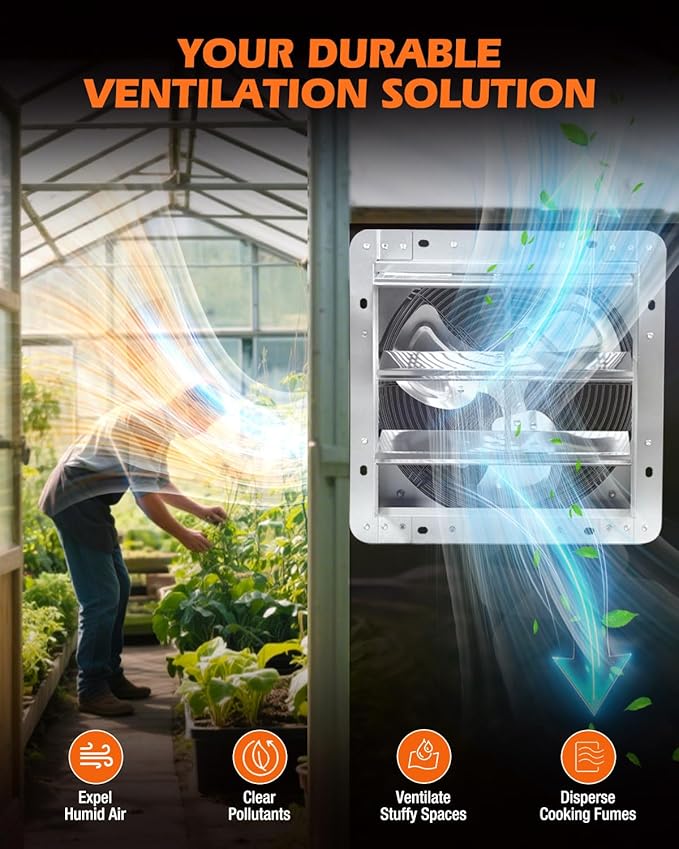 JVO 12 Inch Shutter Exhaust Fan 1450 CFM High-Powered Ventilation, Ideal for Attics, Greenhouses, Garages and Chicken Coops - Wall Mount for Easy Installation (12 inch Fan Wtih Power Cord)