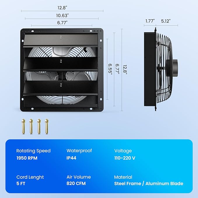10" Wall Mounted Shutter Exhaust Fan, Attic Fan with Thermostat Humidity Controller, 10-Speed Adjustable, 820 CFM, Automatic Shutter, Vent Fan for Greenhouses, Garages, Shop, Chicken Coops
