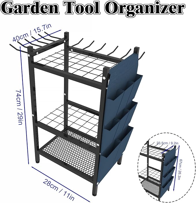 Garden Tool Organizer Rack, Heavy Duty Metal Yard Tool Stand for Garage, Shed, Outdoor, Holds Up to 50 Long-Handled Tools, Rakes, Brooms, Shovels, 3-Tier Utility Storage with Hooks, Black