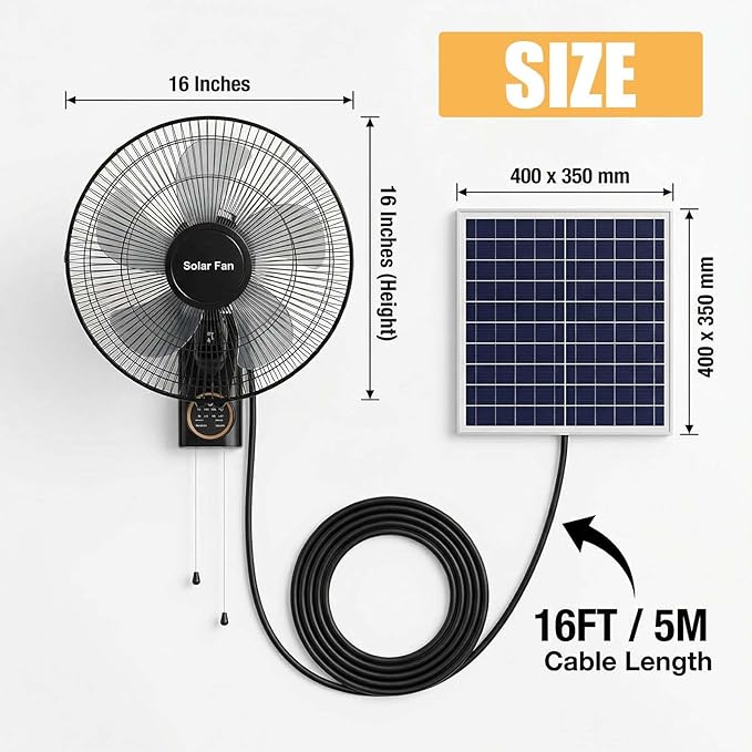 Waterproof 16" Outdoor Solar Wall Mount Fan, Heavy Duty Oscillating Fan with Remote & Timer, 3 Speeds Adjustable Tilt Quiet Fan for Greenhouse, Patio, Commercial Use