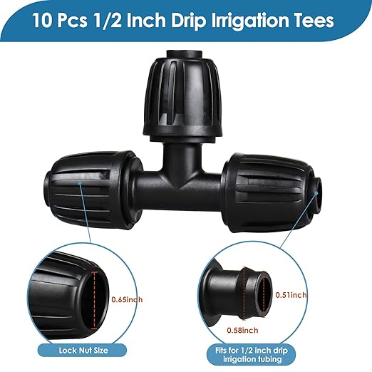 1/2" Drip Irrigation Tee Fittings: 10-Piece Barbed Locked Nut Tee Connectors for 1/2" Drip Tubing (0.650" OD, 13mm ID)