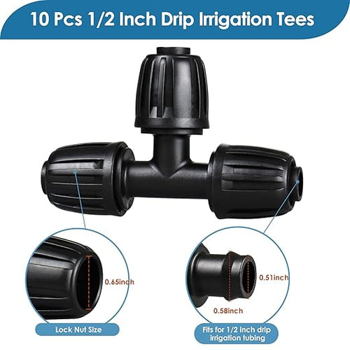 1/2" Drip Irrigation Tee Fittings: 10-Piece Barbed Locked Nut Tee Connectors for 1/2" Drip Tubing (0.650" OD, 13mm ID)