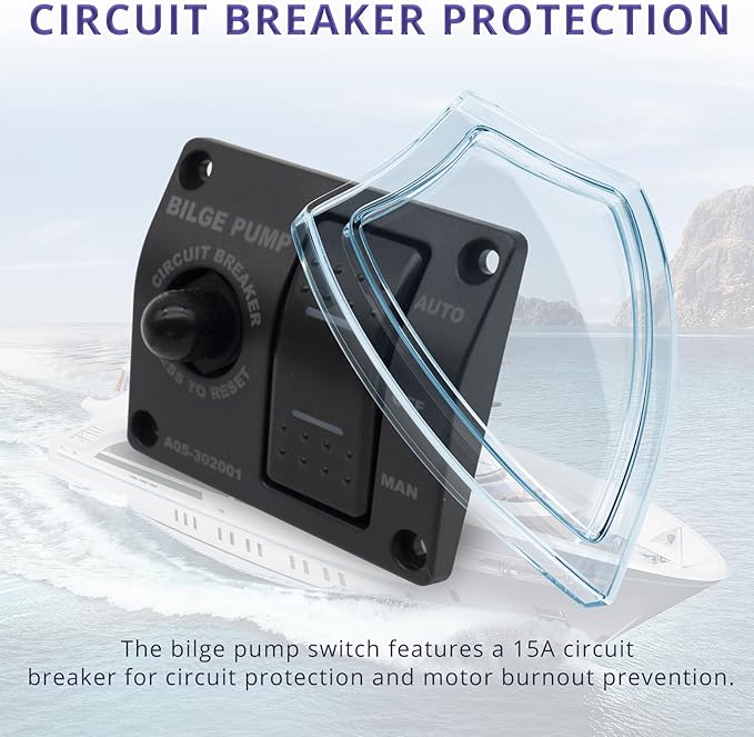 3-Way Bilge Pump Rocker Switch Panel 12V/24V, Automatic, Off, and Manual to Control Marine Switch Panel with Built-in 15A Circuit Breaker, LED Indicator, Waterproof