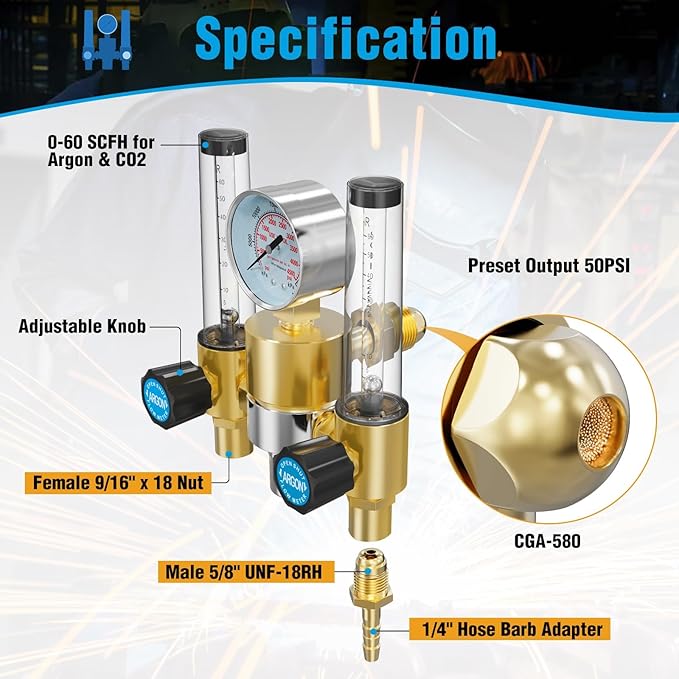 BETOOLL Dual Output Argon Regulator - MIG/TIG Flow Meter Gas Gauge with 2PCS 6.6 Feet Hoses, 0-60 SCFH, 0-4500 PSI, CGA580 Inlet Connection for Argon/CO2