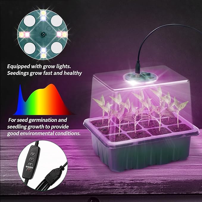 Seed Starter Tray, 2 Pcs Plant Propagation Station with Grow Light,Seedling Starter Trays with Timing Controller,Mini Greenhouse Kit with Humidity Domes and Base,Plant Tray for Seeds Growing Starting