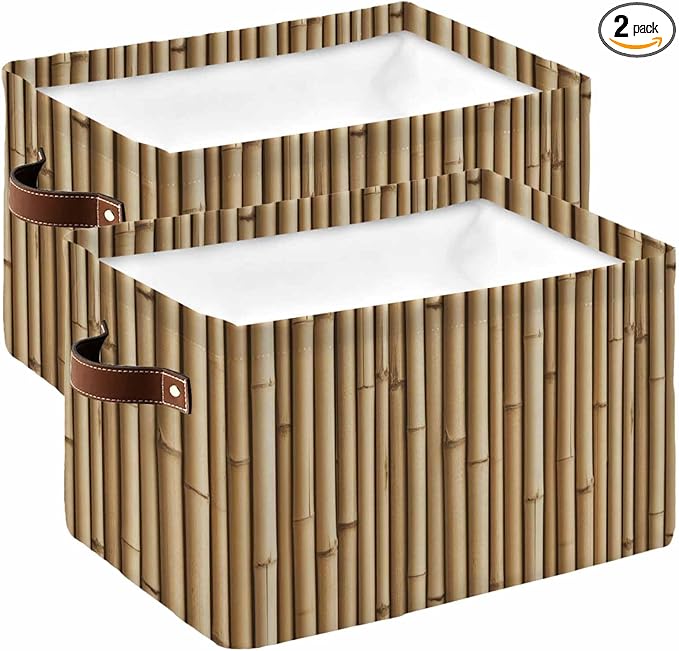 Country Farmhouse Storage Bins Cubes Waterproof Cloth Storage Basket,Vintage Plants Lines Pattern Brown Foldable Storage Bags for Shelf Clothes Storages Organizers with Handles 15x11x9.5 in 2PCS