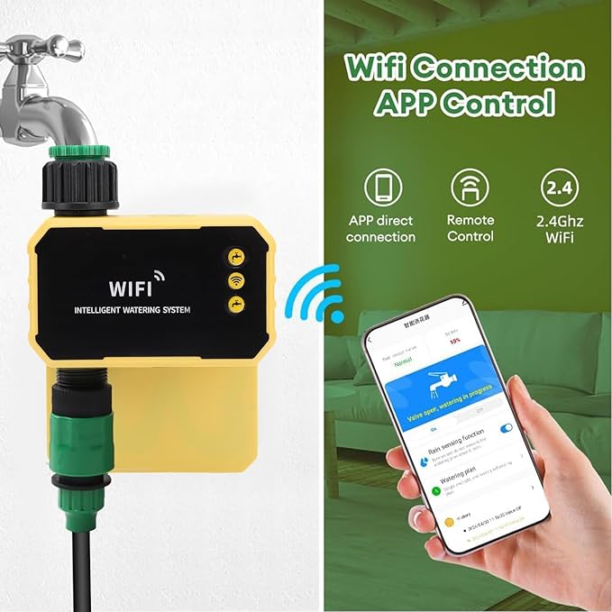 Eujgoov WiFi Solar Sprinkler Timer, Automatic Watering Controller with Rain Sensor and App Control for Villas Balconies Rooftop Gardens