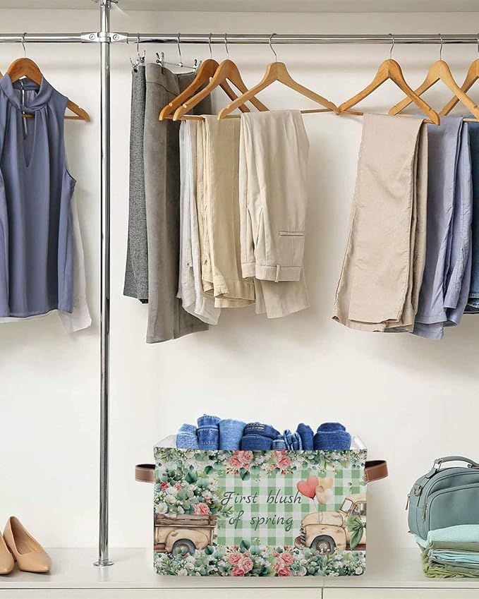 Eucalyptus Trucks Storage Bins Cubes Waterproof Cloth Storage Basket,Spring Farmhouse Floral Sage Green Plaid Foldable Storage Bags for Shelf Clothes Storages Organizers with Handles 15x11x9.5 in 2PCS