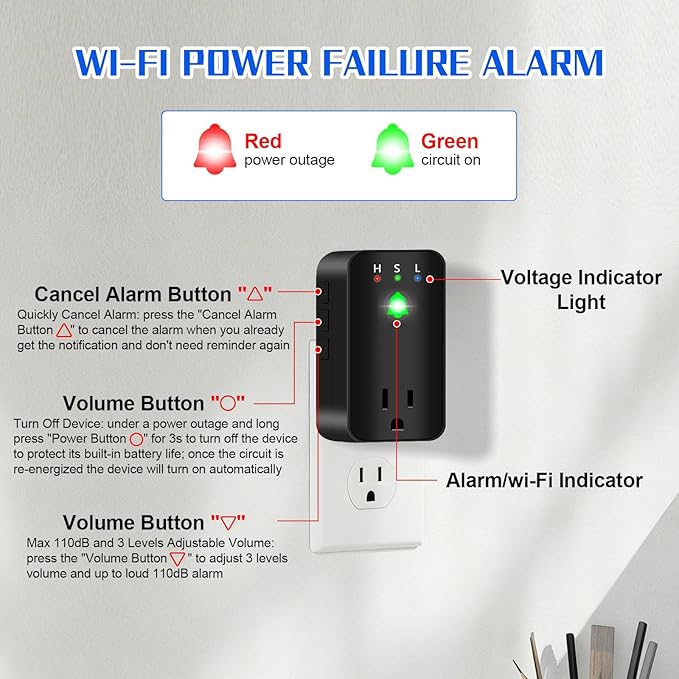 Power Failure Alarm with WiFi App Notifications, Loud 110dB Smart Power Outage LED Indicator Voltage Detection, Failure Detector for Freezer, GFCI Trips, Sump Pump, Greenhouse