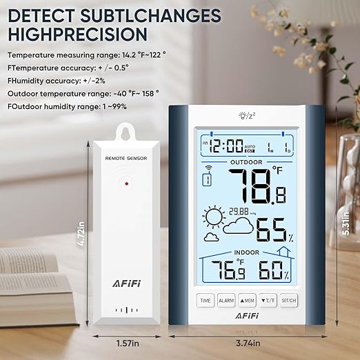 Indoor Outdoor Thermometer Hygrometer Wireless Weather Station - Inside Outside Thermometers Hygrometer Monitor with 330ft Remote Sensor, Battery Powered, Backlight Display (Blue)