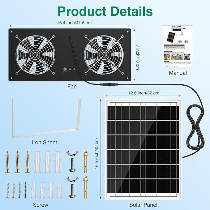40W Solar Powered Exhaust Fan with 18000mAh Battery & Timer, 3500RPM High-Speed Waterproof Ventilation Fan for Chicken Coop, Greenhouse, Shed, Pet House & Window