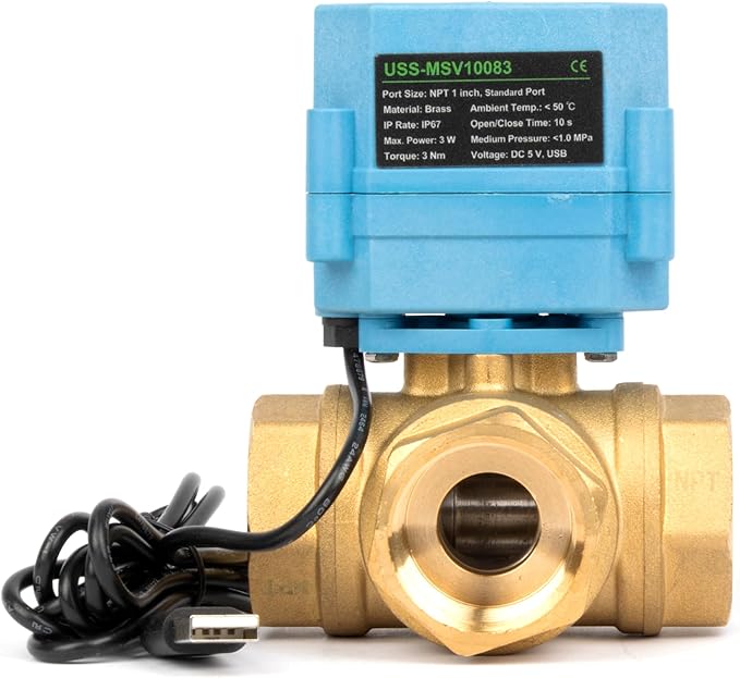 U.S. Solid WiFi Smart Motorized Ball Valve 1 inch NPT for Water Control & Irrigation, 3 Way Brass Electric Valve, USB Powered, LED Status Indicator, Flow Direction Window, Remote On/Off Control