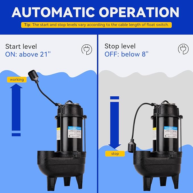 Acquaer Sewage Pump Submersible Water Pump with Automatic Float Switch, for Sump Basin, Residential Sewage, Black, 2'' NPT 1/2 HP 6000 GPH
