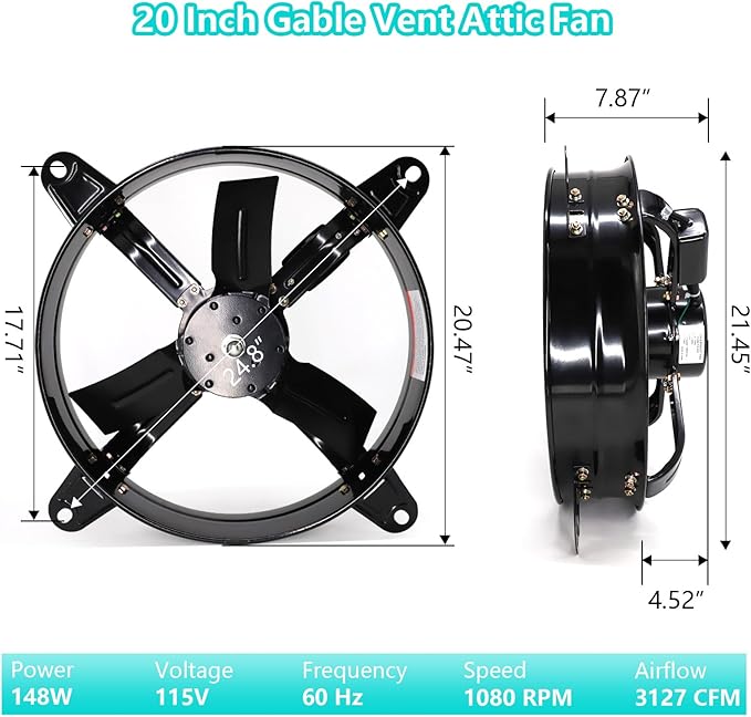Gable Attic Fan with Thermostat, 20 inch Attic Ventilation Fans for Attic Shed Garage Greenhouse Gable Mount Vent Exhaust Fan 1080 RPM,3127 CFM