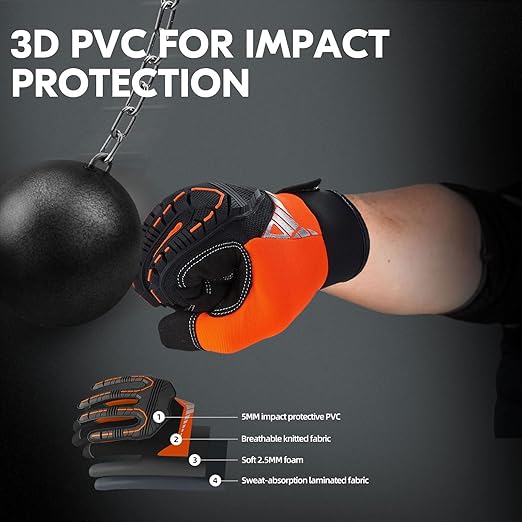 Vgo... 1-Pair Safety Work Gloves - Mechanics, Impact, Anti-Vibration, Rigger, Heavy Duty (S, Orange, SL8849IP)