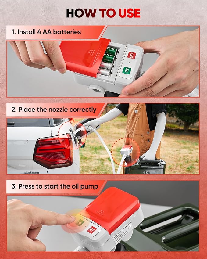 Saker Fuel Transfer Pump Battery Powered, Automatic Portable Fuel Pump with Auto-Stop, 51'' Extra Long Hose, 3.2 Gallon per Min, 3 Can Adapters, for Gasoline, Diesel and Oil