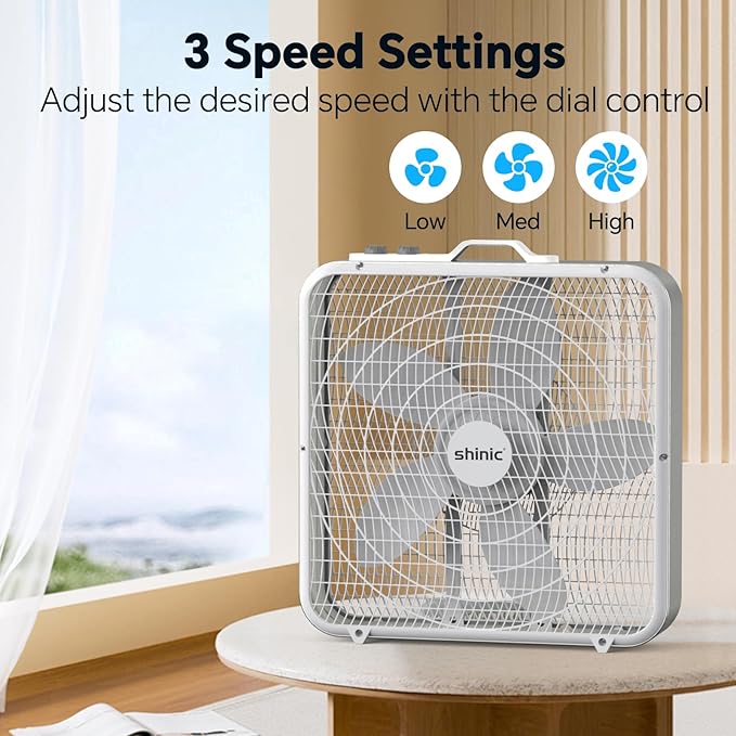 shinic 20” Box Fan with Thermostat for Bedroom, 3-Speed Portable Floor Fan with Carry Handle, Powerful Airflow, 5 Blades, Window Fan and Cooling Fan for Home, Office, Garage, Basement, White