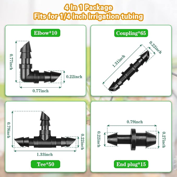 Gardrip 1/4 Inch Drip Irrigation Fittings Kit：140 Pieces Drip Irrigation Parts with Sharp End for 1/4" Irrigation Tubing Barbed Connectors for Home Garden 65 Couplings 50 Tees 10 Elbows 15 Goof Plugs