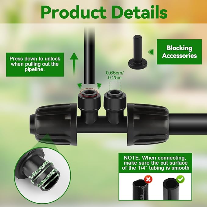 Kalolary 10PCS 1/2'' to 1/4'' Barbed Tee Quick Connector, Push-to-Fit Drip Irrigation Fittings Anti-Leak Locked Splitter Fitting for Irrigation Tubing with 4-Way Connector& 4 Plugs