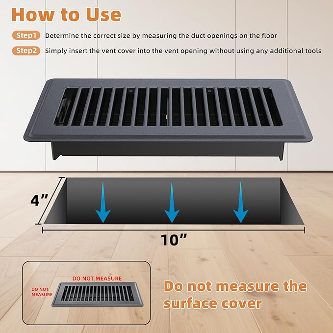 Floor Register 4 x 10-8 Pack Gray Floor Vents, Heavy-Duty Steel Adjustable Airflow Floor Vent Covers, Rust-Resistant Vent Cover are Suitable for Living Room, Bedroom and Bathroom