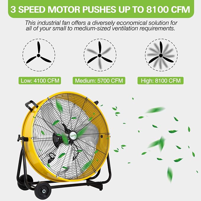 hykolity 24 inch 8100 CFM High Velocity Industrial Drum Fan, 3-Speed Heavy Duty Metal Shop Fan for Warehouse, Garage, Workshops, Factory, UL Listed, Yellow