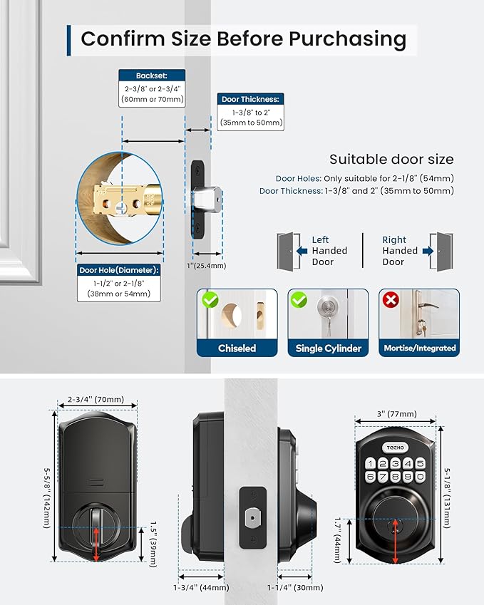 TEEHO TE011W Wi-Fi Keyless Entry Door Lock with Keypad - Smart Deadbolt Lock for Front Door with 2 Keys - Remote Control, Works with Alexa & Google, APP Unlock - Easy Installation - Matte Black