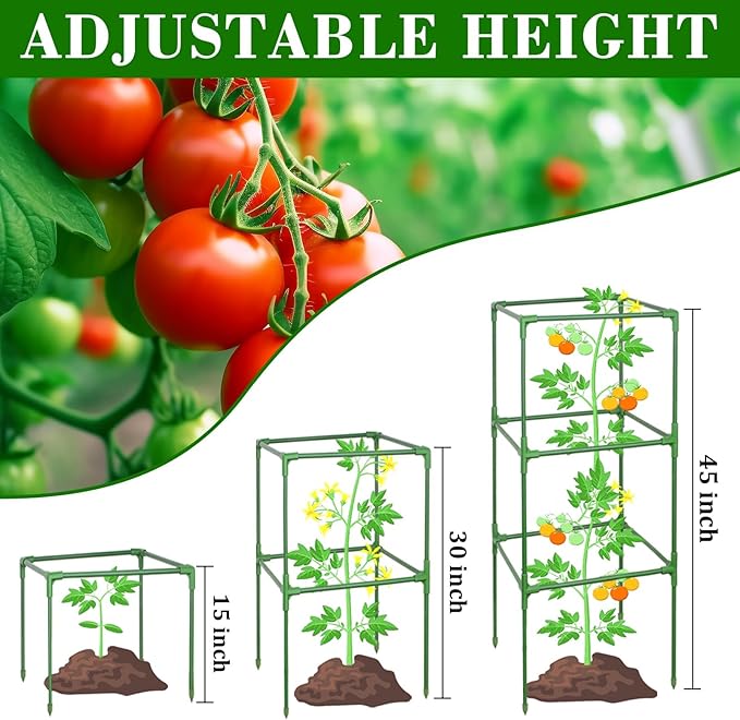 ZeeDix 45 Inch Tomato Cages 2 Pack, Heavy Duty Adjustable Metal Garden Plant Supports for Climbing Vegetables - Square Cage for Tomatoes, Cucumbers, Peas, Flowers with 20 Plant Clips