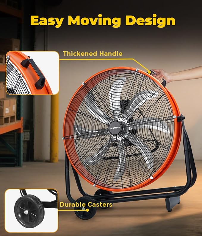 VENTISOL 24 Inch Industrial Floor Fan, 3-Speed High Velocity Shop Fan with 8 Blades, Heavy Duty Drum Fan 9500 CFM, Large Metal Garage Fans for Warehouse, Outdoor, Commercial