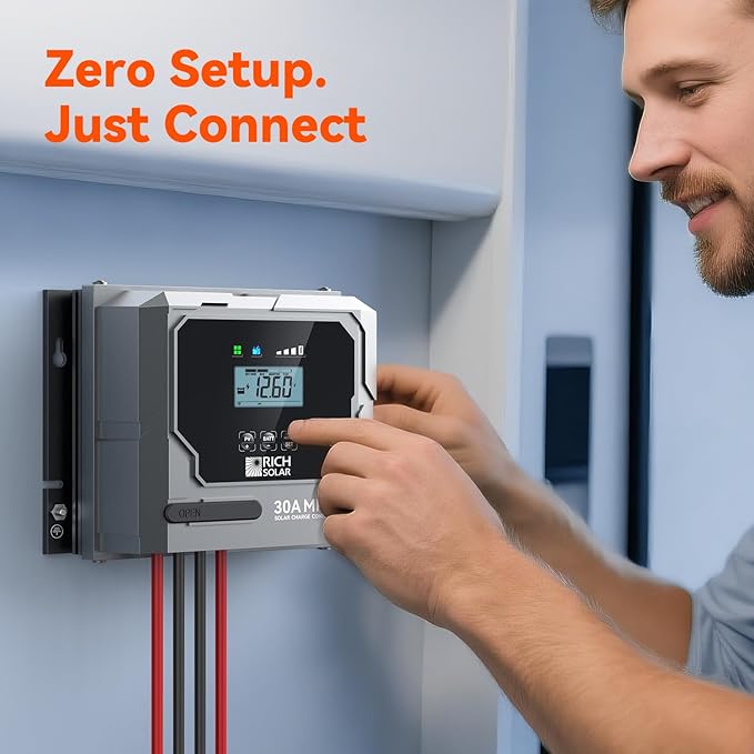 RICH SOLAR Bravo 30 | 30A MPPT Solar Charge Controller with Bluetooth – 12V/24V Auto-Detect, Lithium & Lead-Acid Battery Support for RVs, Campers & Off-Grid Systems